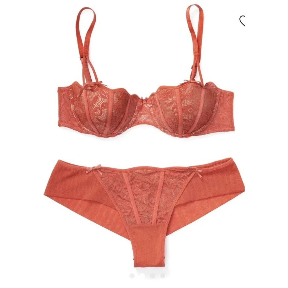 New Adore Me Dusana Push Up Sexy‎ Lace Underwire Bra 36DD Panty XL Set RedOrange